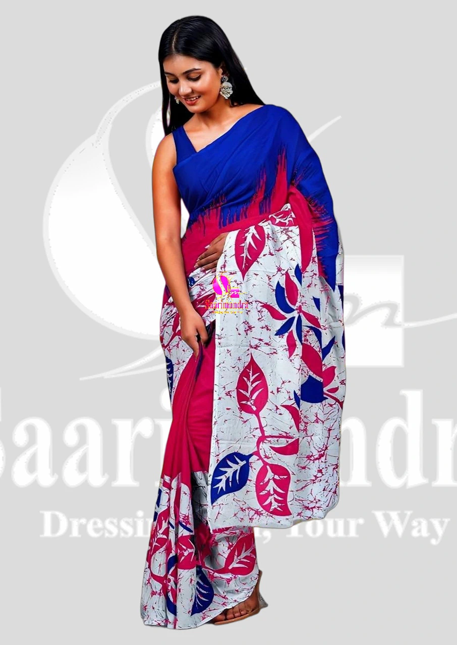 Batik Indian Premium Vibrant Blue & Magenta Leaf Printed Batik Cotton Saree